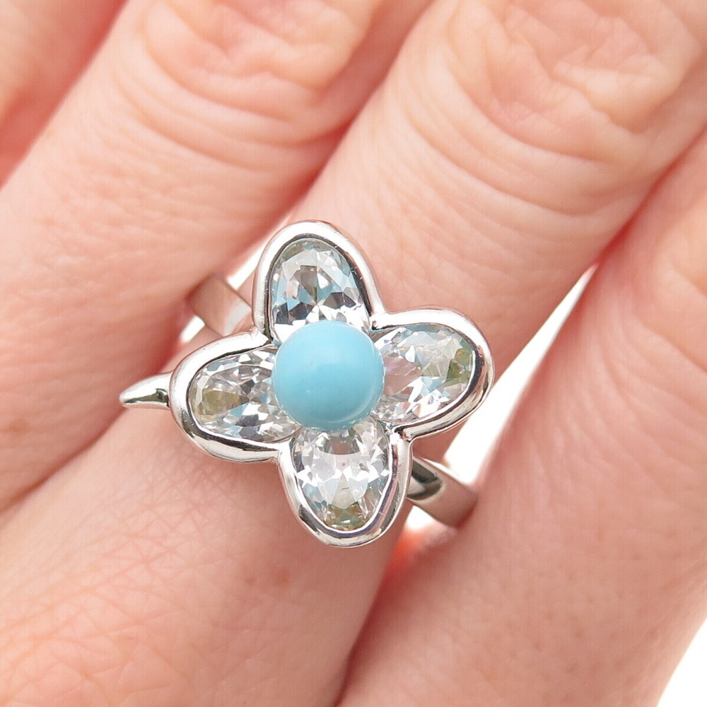 925 Sterling Silver Vintage Real Turquoise & C Z Floral Ring Size 8.25